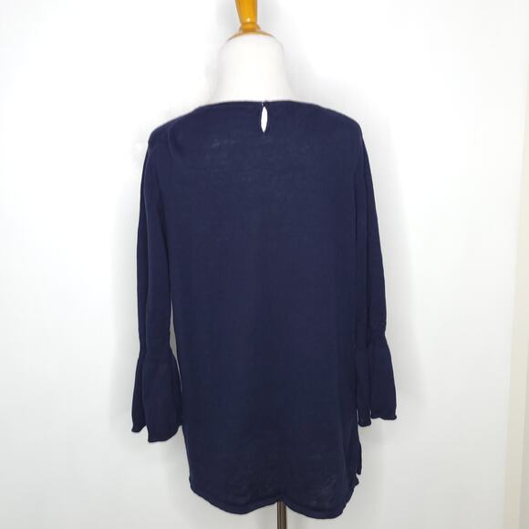 Talbots Linen Blouse Navy 3/4 Bell Sleeves Scoop Neck Large - Picture 3 of 9